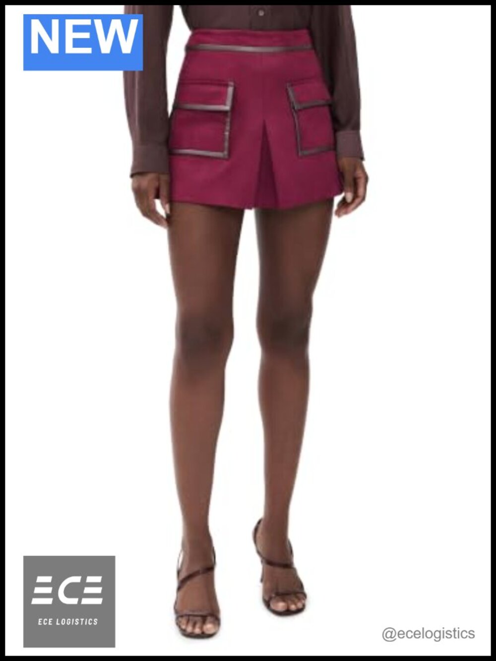 Faux Suede Mini Skirt with Faux Leather Trim and Flap Pockets